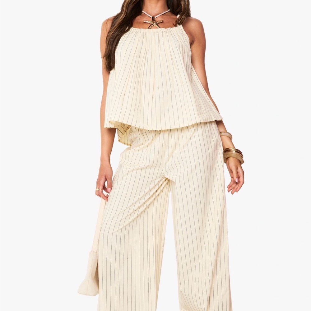 Striped Cami and Wide-Leg Drawstring Pants in Cream with Thin Black Stripes set.